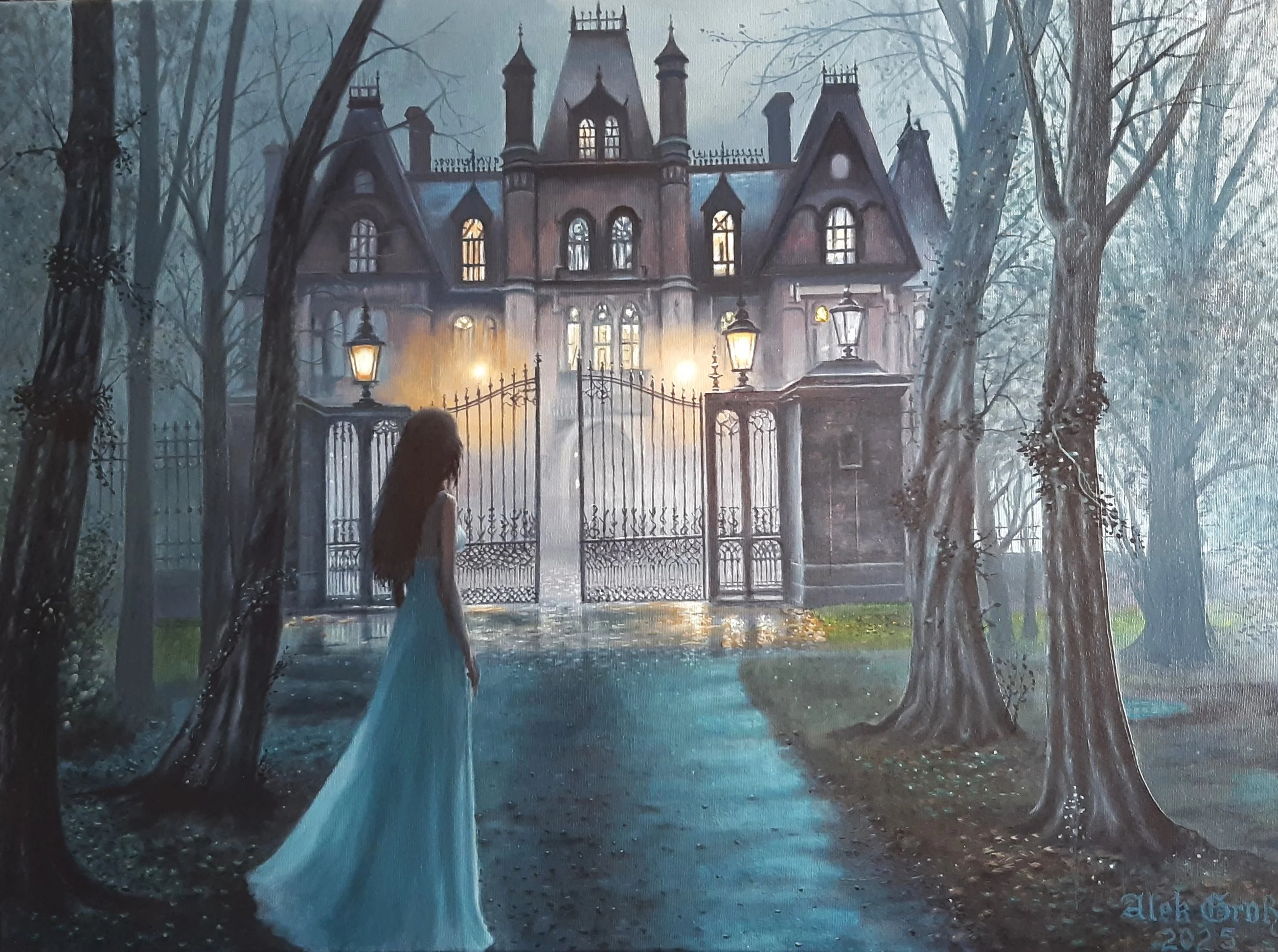 Oil painting "Die Schweigetore" by Alek Groß: a woman in a long light dress standing before the wrought-iron gates of a mystical gothic mansion at twilight