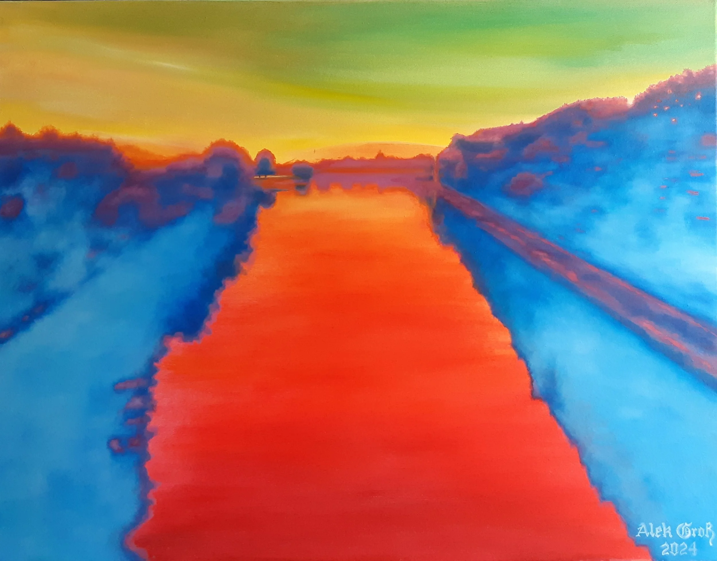 Vibrant oil painting of the Weser river at dawn, featuring a glowing orange-red water surface contrasted by deep blue and purple banks under a hazy yellow-green sky.