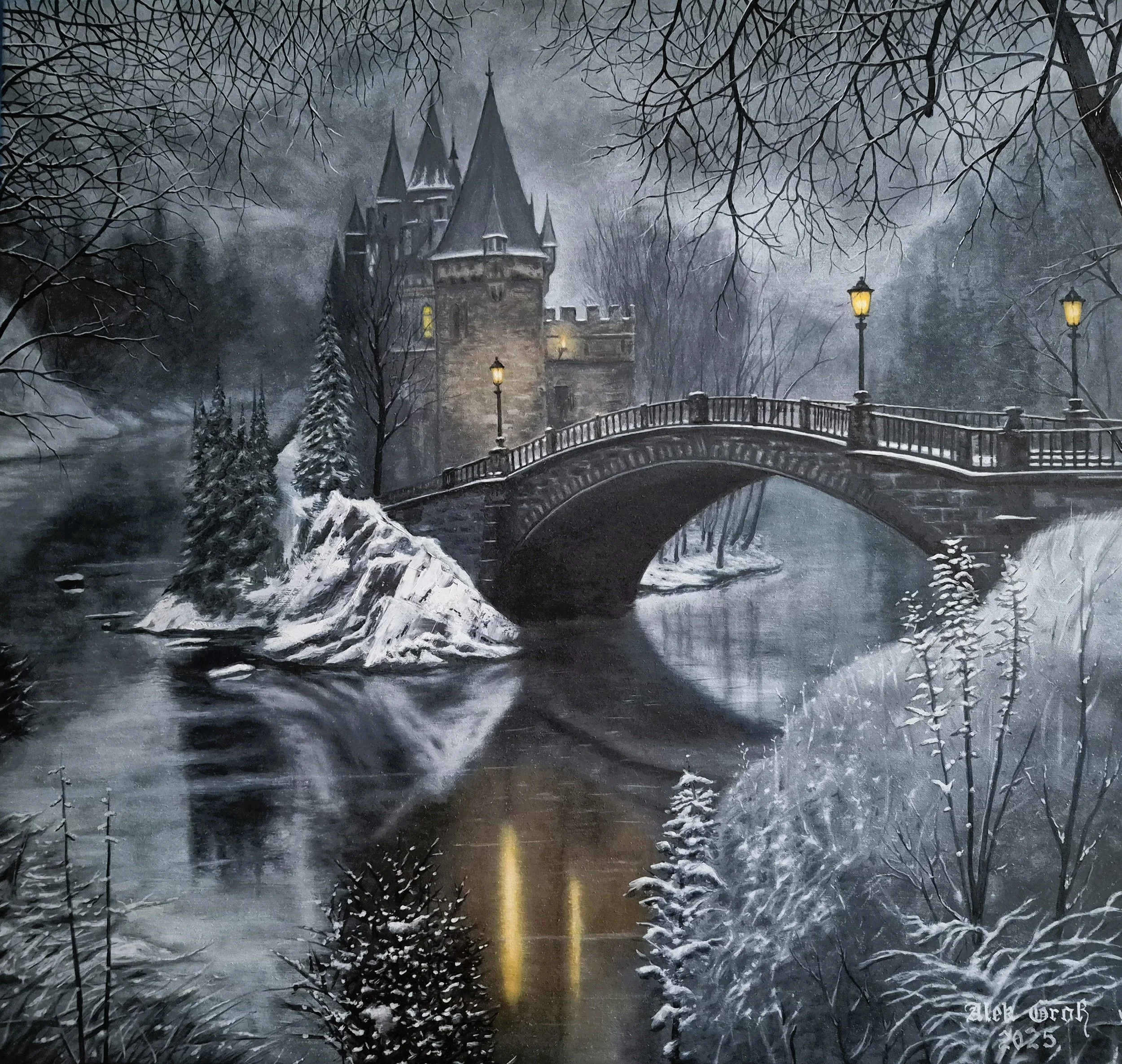 Winter Elegy is a visual meditation on silence and light. A castle shrouded in frost and a lonely bridge over frozen waters create a space where time slows down, transforming into pure emotion. A masterpiece of Gothic mysticism that invites the viewe