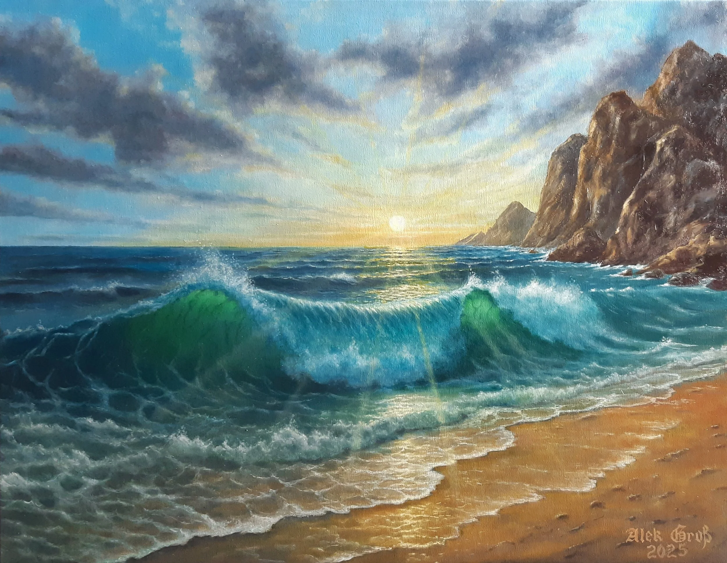 A detailed oil painting of a coastal sunrise. A large, translucent green wave breaks on a golden beach with steep rocky cliffs under a sunlit, cloudy sky.