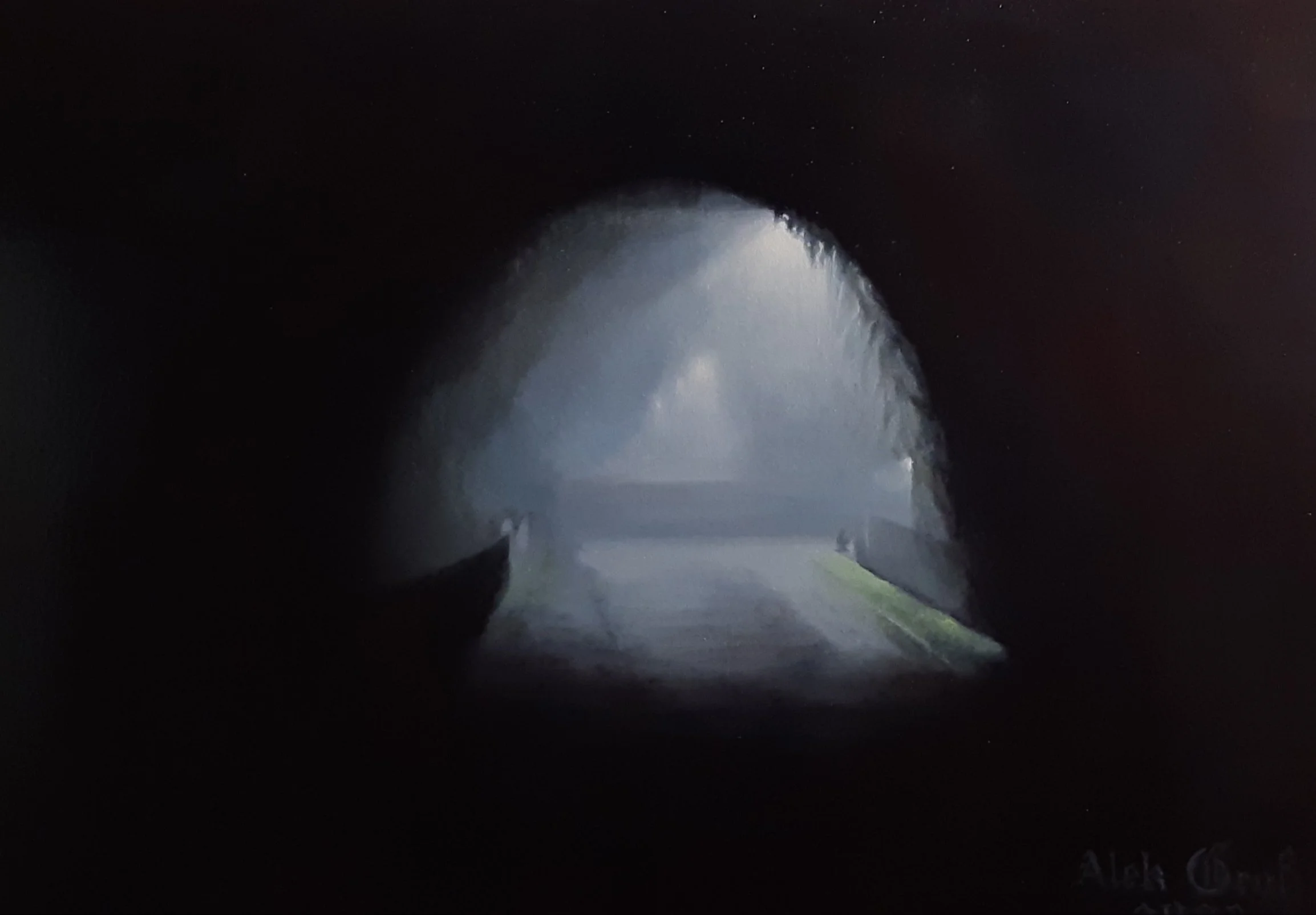 Oil painting "Nebliger Herbstabend" by Alek Gross, featuring a misty urban tunnel view with diffused light in soft blue and grey tones
