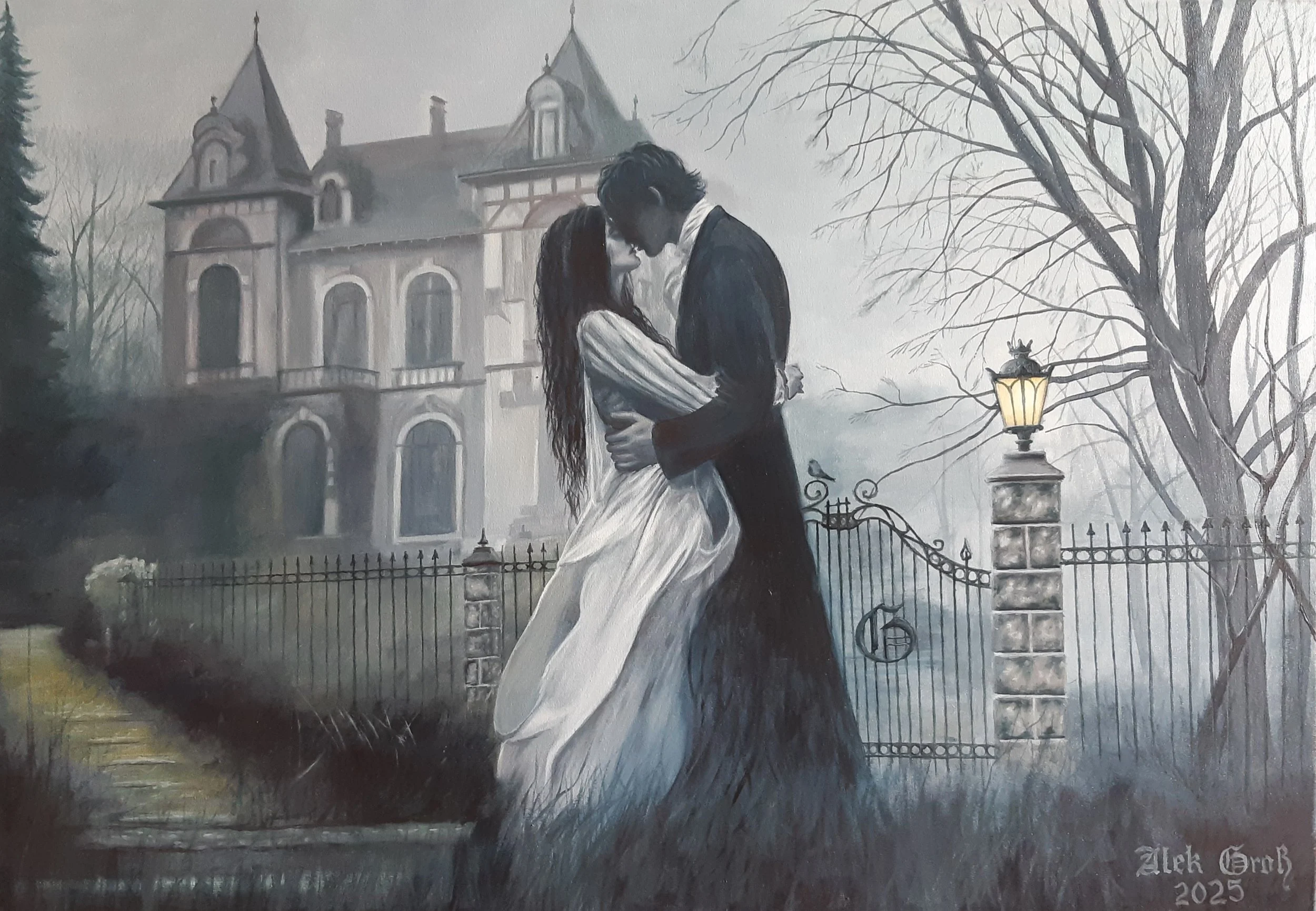 A romantic black and white painting of a couple embracing in front of a large, spooky mansion. The woman has long dark hair and wears a white dress, while the man is in a dark suit. A lamppost and a leafless tree are visible on the right side.