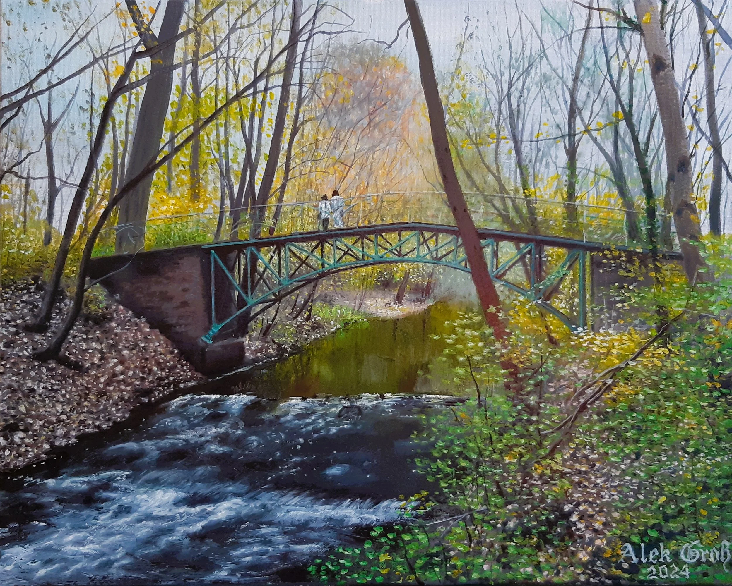Alek Gross Artist, Urban Poetics series, contemporary oil painting, autumn landscape art, city park solitude, bridge over river painting, figurative art, German artist, atmospheric impressionism