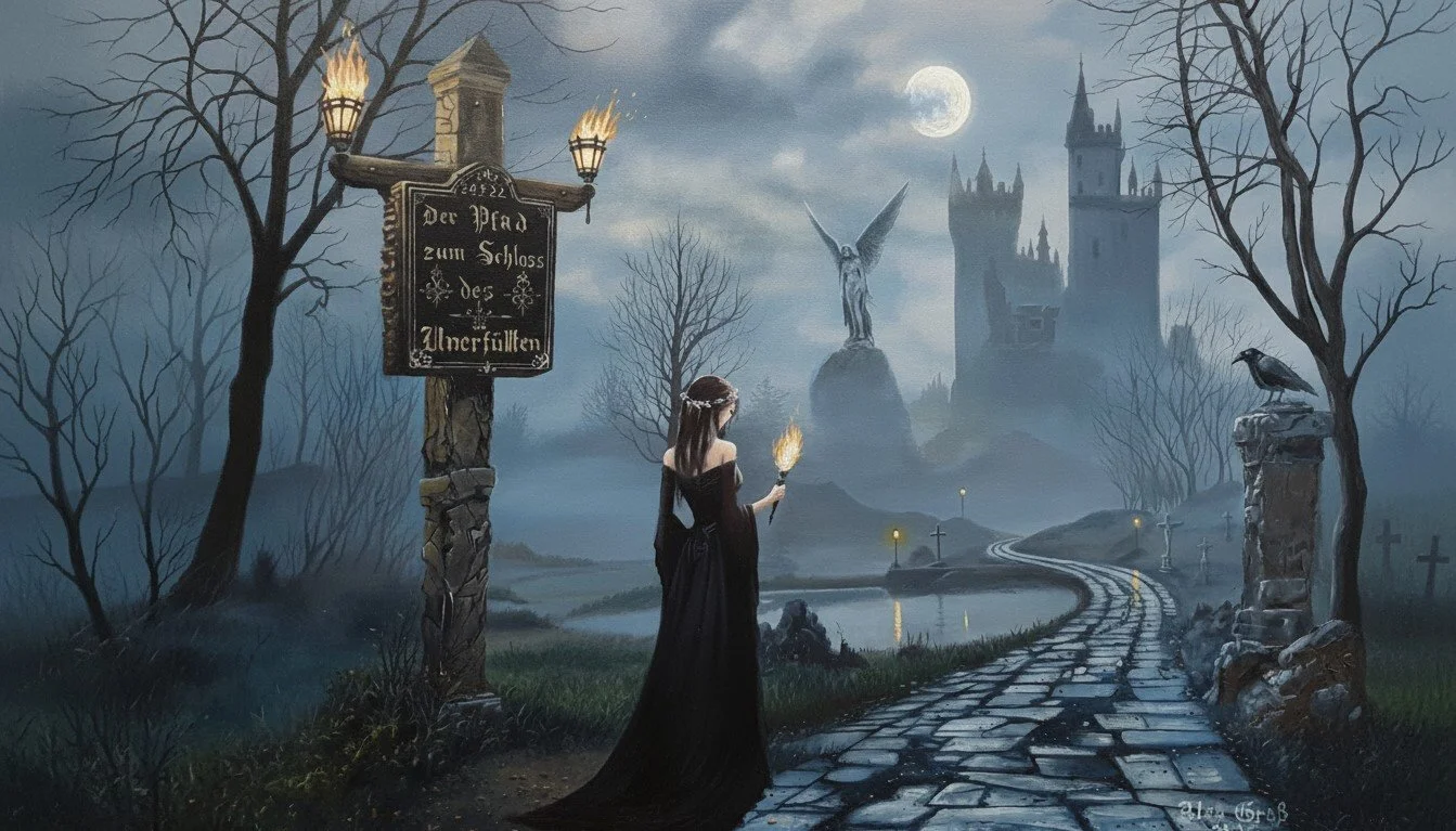 A dark, eerie pathway leading to a gothic castle under a moonlit sky, with a woman in a black dress holding a torch, barren trees, a large winged statue, and grave markers along the road.