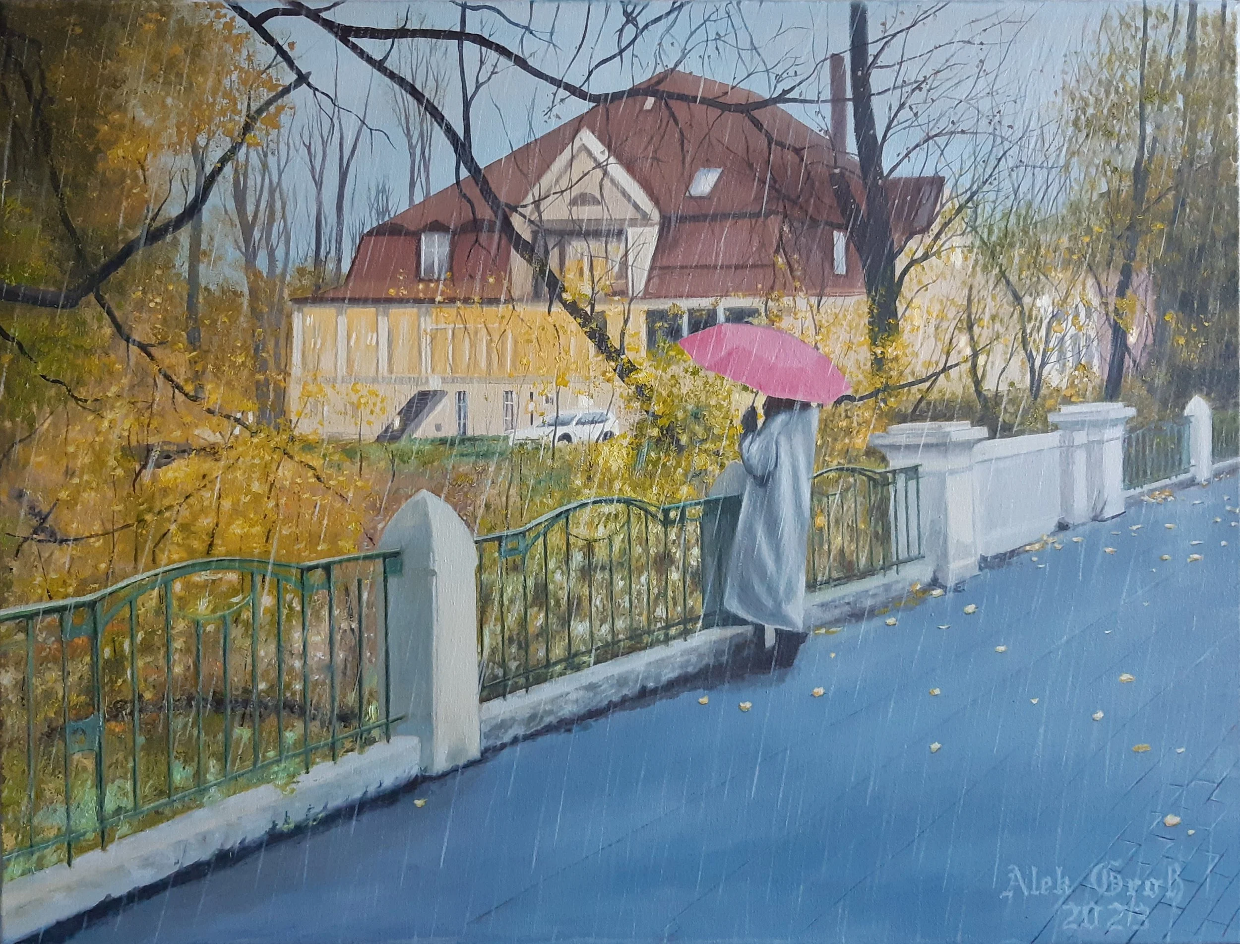 This piece explores the atmosphere of late autumn in an urban environment. The contrast between the warm ochre facade of the building and the cold blue-grey pavement creates a dynamic tension, while the pink accent of the umbrella introduces a note o