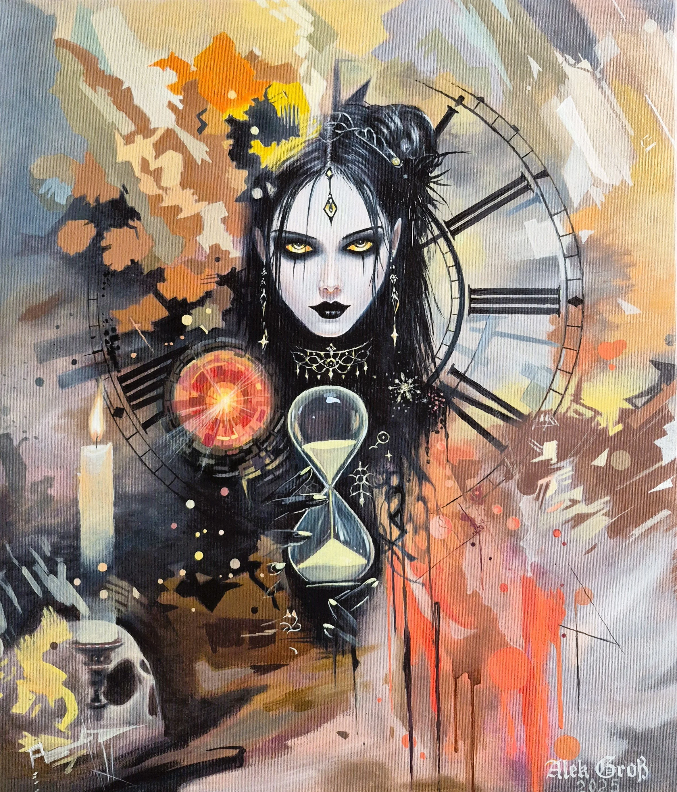 A fantasy-style painting of a woman with black hair and golden eyes, adorned with jewelry and dark makeup, holding an hourglass. The background features a large clock, flames, a candle, and a human skull, with abstract and vibrant colors.