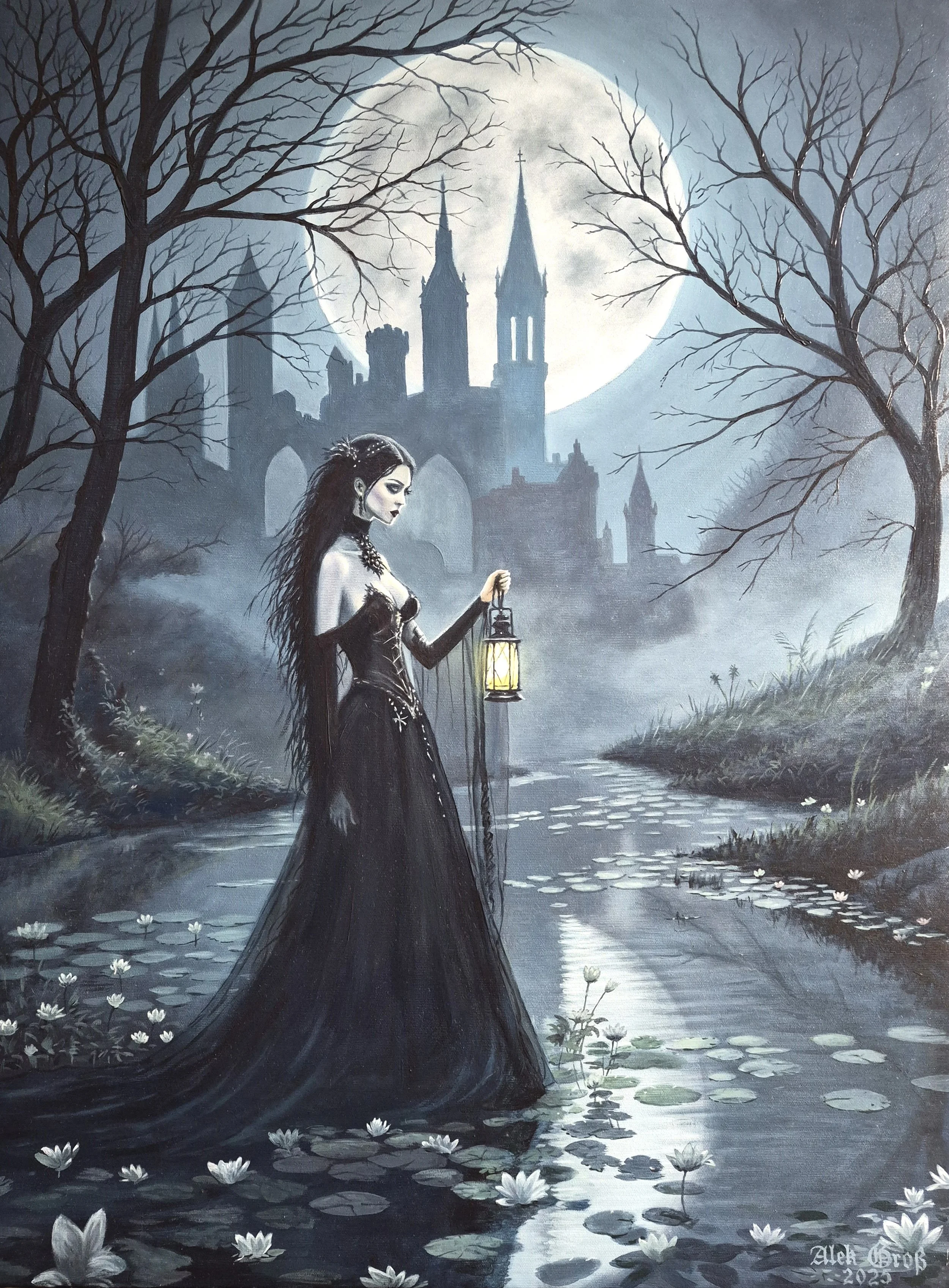 Oil painting "Was Liebe sein kann" by Alek Groß, depicting a romantic couple in front of a gothic mansion, monochrome style with warm lantern light. Dark Surrealism.