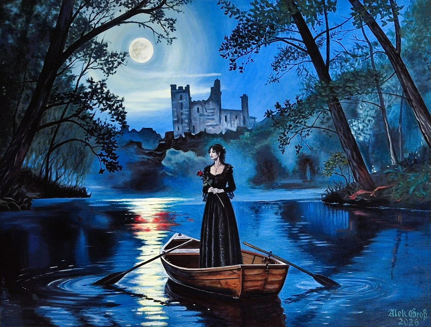 Die verwelkte Hoffnung by Alek Groß - original gothic mysticism oil painting of a woman in a boat under the moonlight with castle ruins