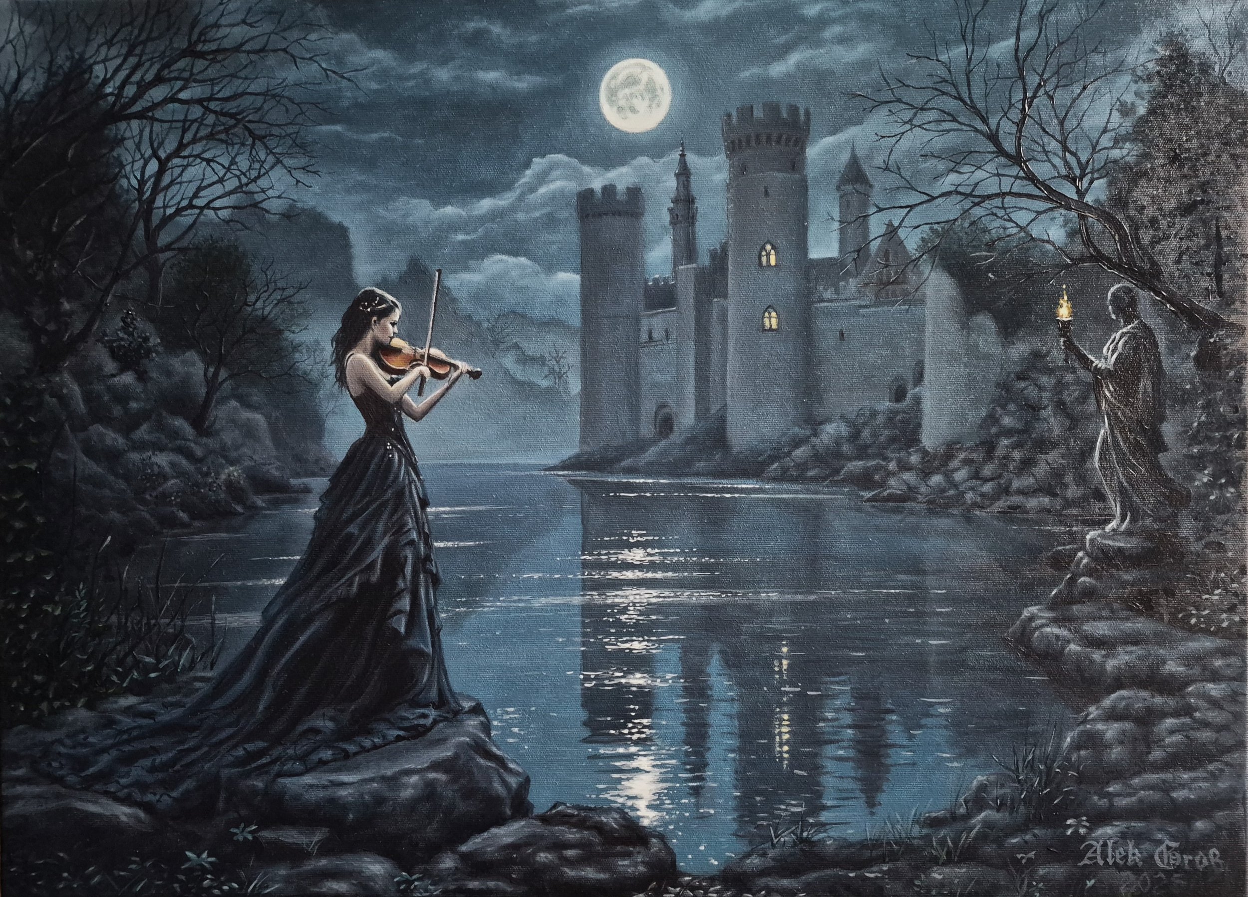 A painting of a woman in a black dress playing the violin by a moonlit river, with a castle in the background and a woman holding a lantern by a tree.