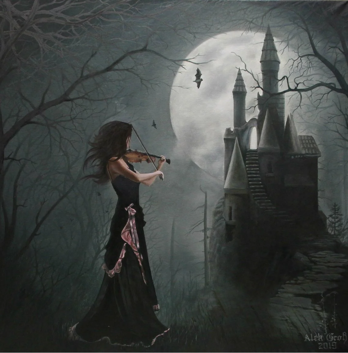 A woman in a black dress playing the violin in front of a spooky castle under a full moon with leafless trees and bats flying.