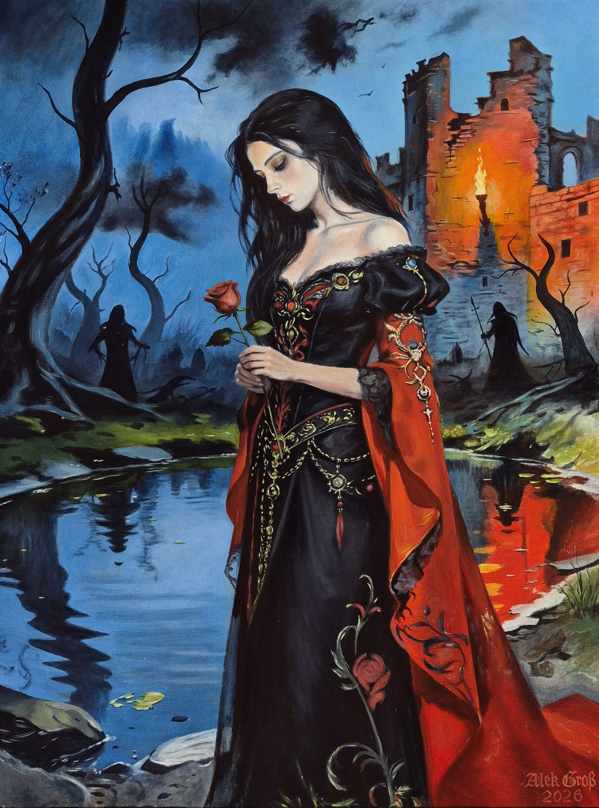 A deeply personal Gothic allegory inspired by life-altering transitions and a changing world. Through the timeless depth of oil on canvas, “In feindlicher Umgebung” invites the viewer to find quiet strength and protected grace amidst surrounding turm
