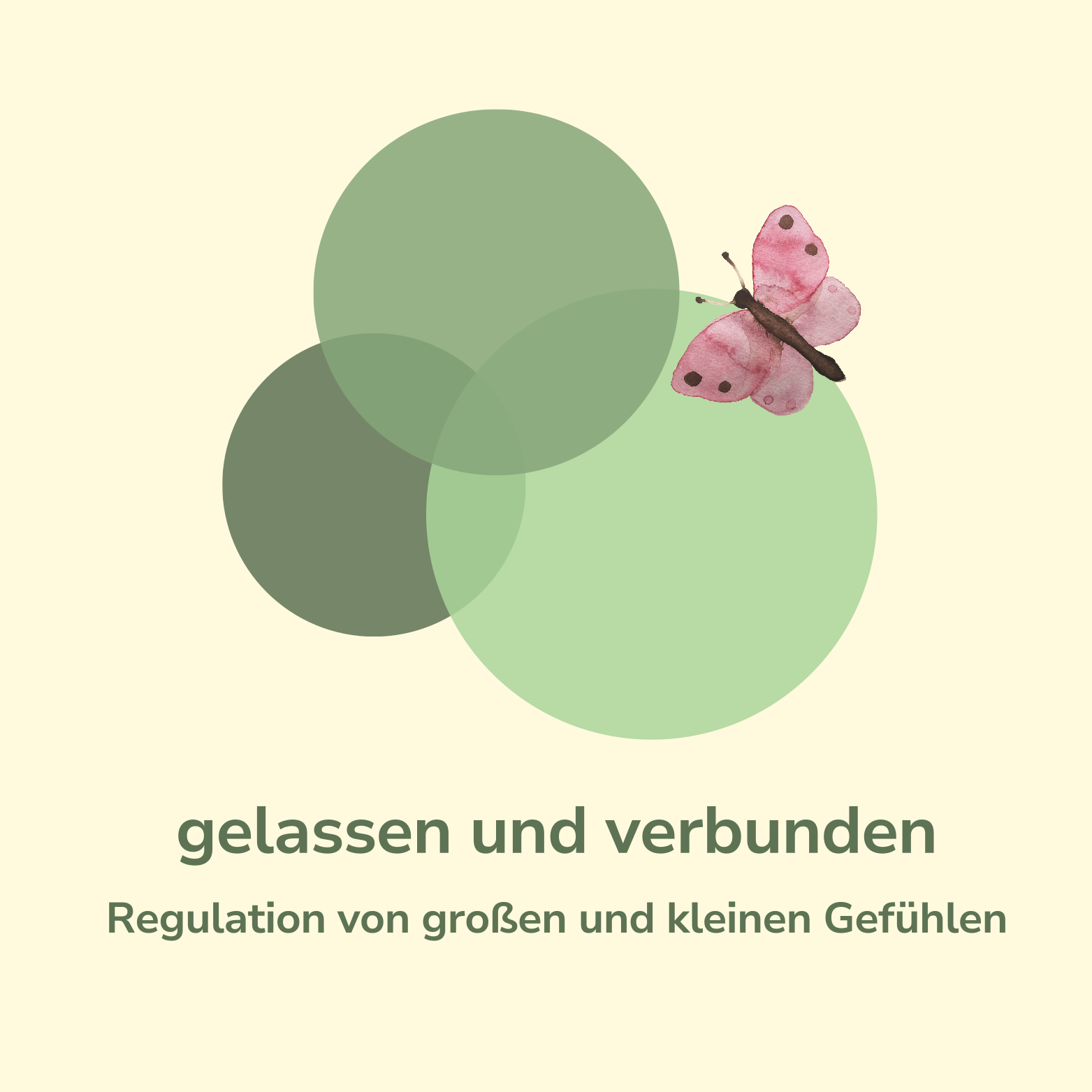Illustration mit einem rosa Schmetterling, bunten Kreisen im Hintergrund auf hellgelbem Hintergrund, mit deutschem Text "gelassen und verbunden Regulation von großen und kleinen Gefühlen".