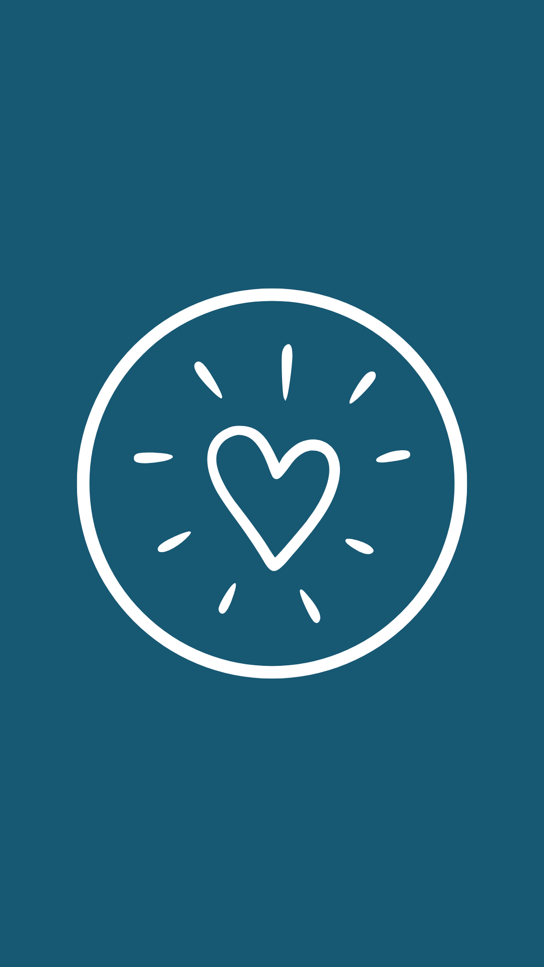 White outline of a heart inside a circle with radiating lines on a teal background.