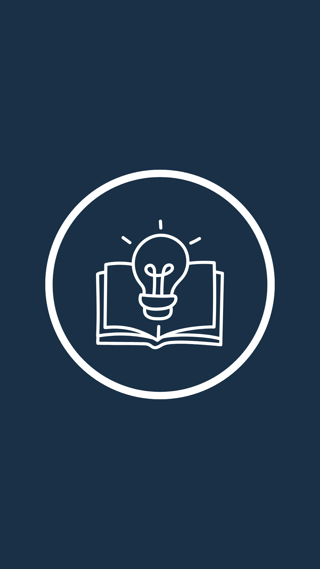 Icon of a light bulb inside an open book, within a circle, on a dark blue background.