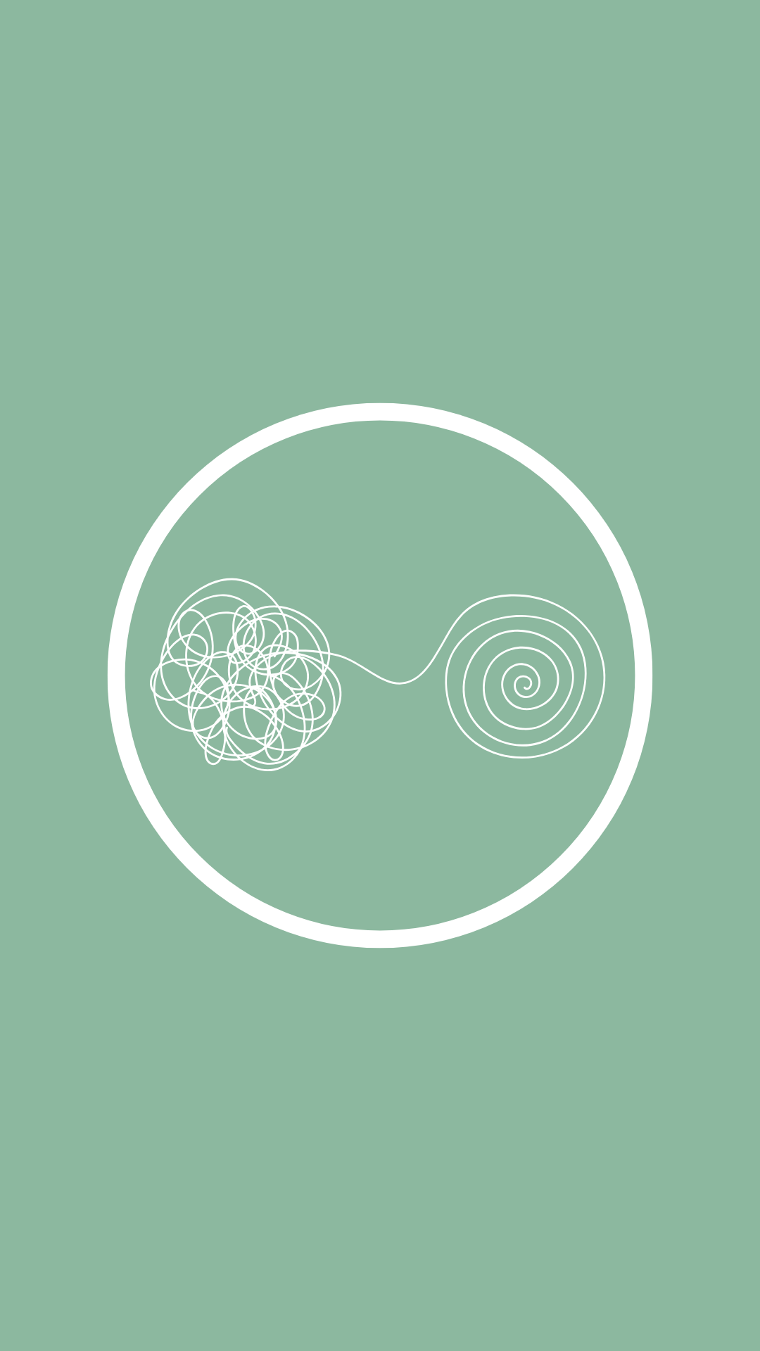 A white line drawing of a tangled ball on the left connected to a neat spiral on the right inside a white circle on a green background.