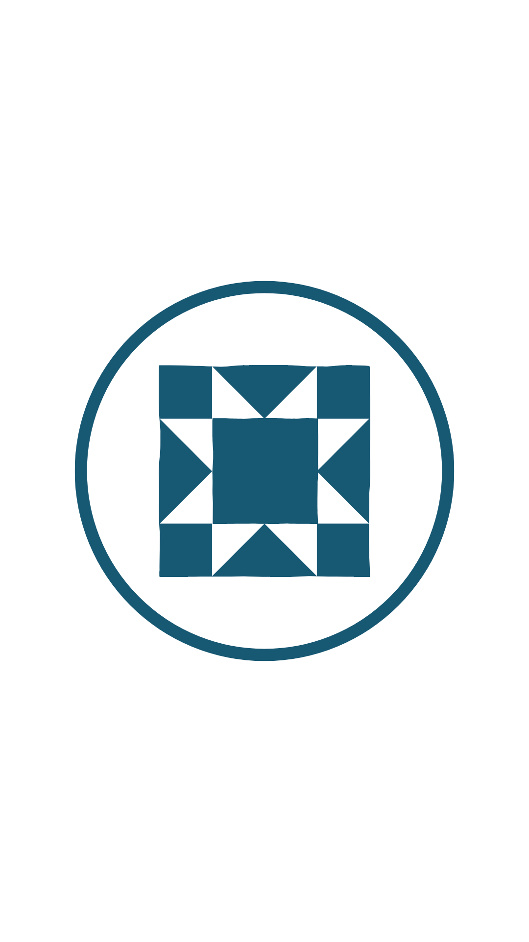 A blue geometric design inside a circle, featuring a square with smaller triangles and squares arranged symmetrically.