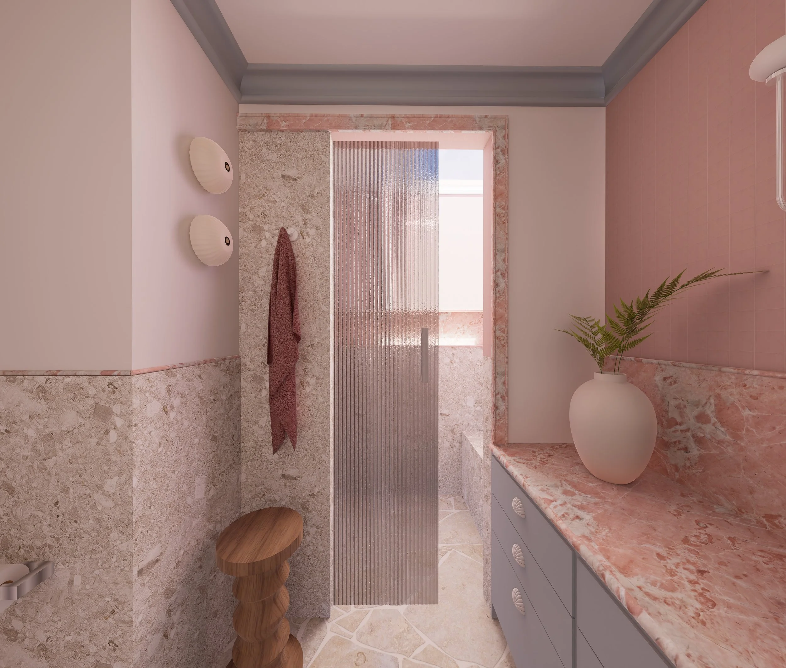 Une salle de bain avec des murs en pierre rose et un plan de travail en marbre rose, une blouse blanche et une plante verte dans un vase blanc.