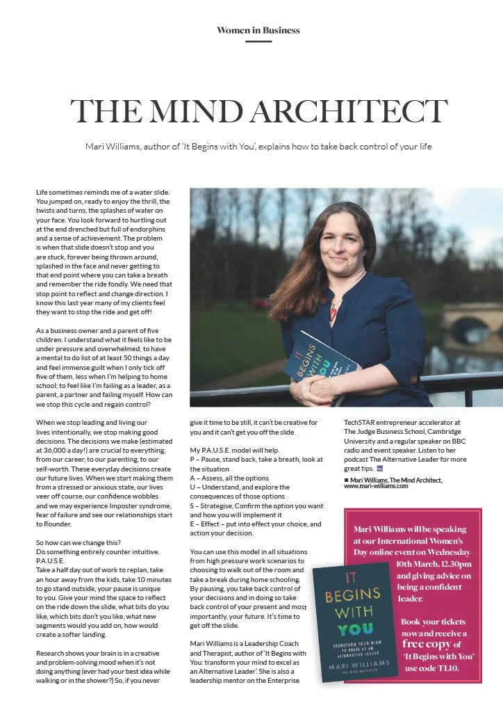 Article on Mari Williams, executive coach and therapist. Article in Women in business magazine