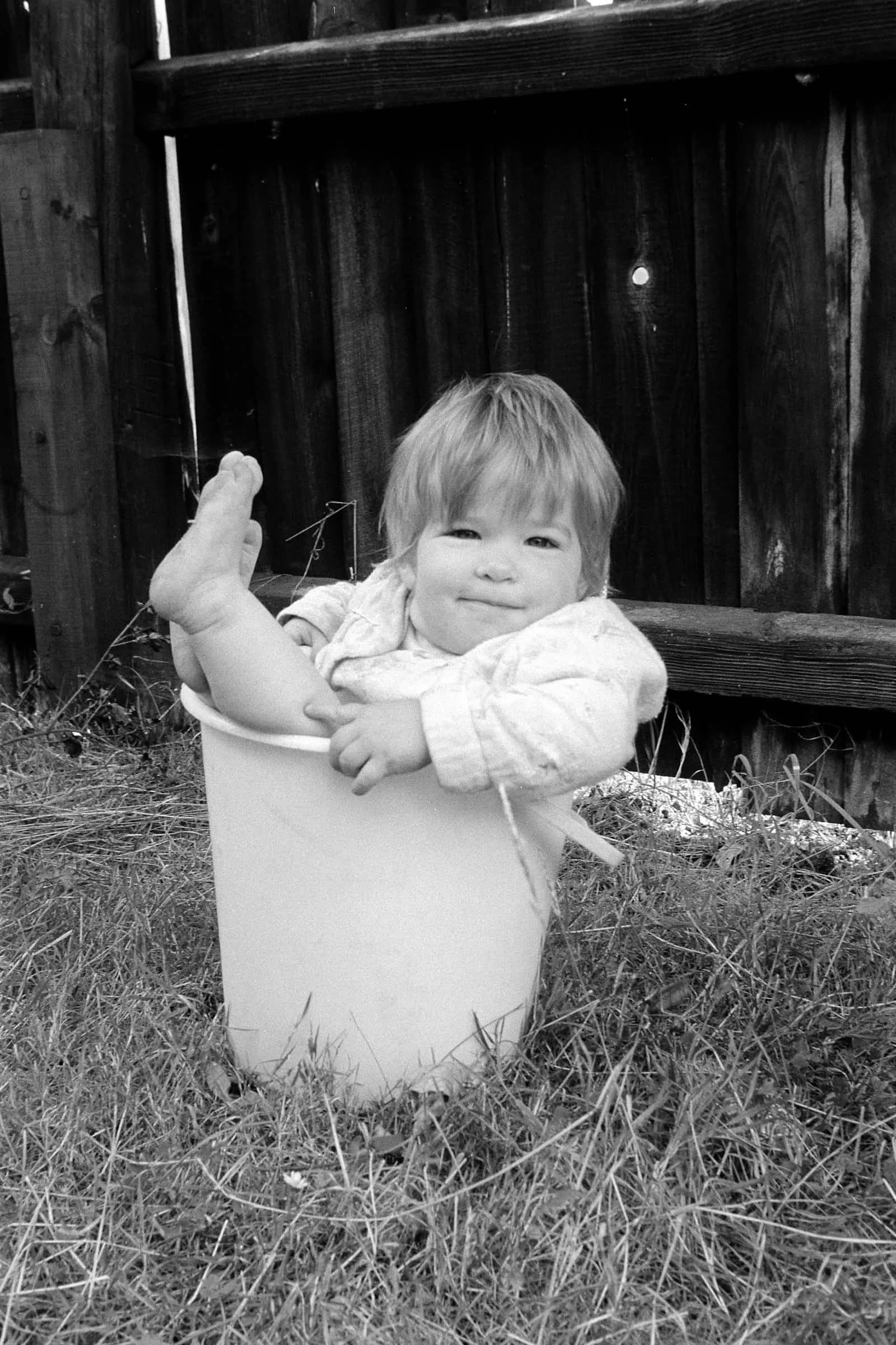 Mari Williams as a baby in a bucket