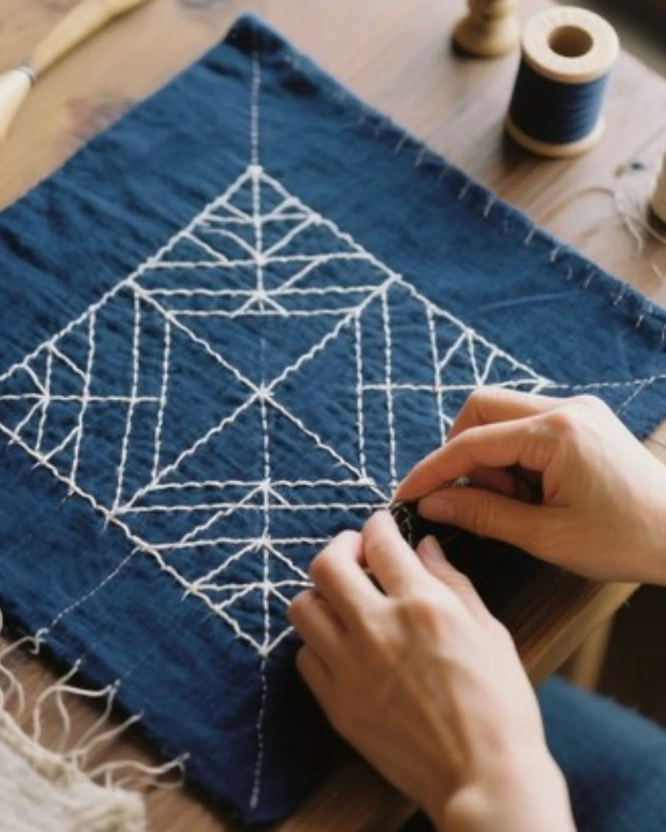 Discover Sashiko, the traditional Japanese embroidery technique known for its delicate white stitches on indigo fabric. Originally created to mend and strengthen garments, it has evolved into a refined decorative art.

At Rayone, we collaborate with 