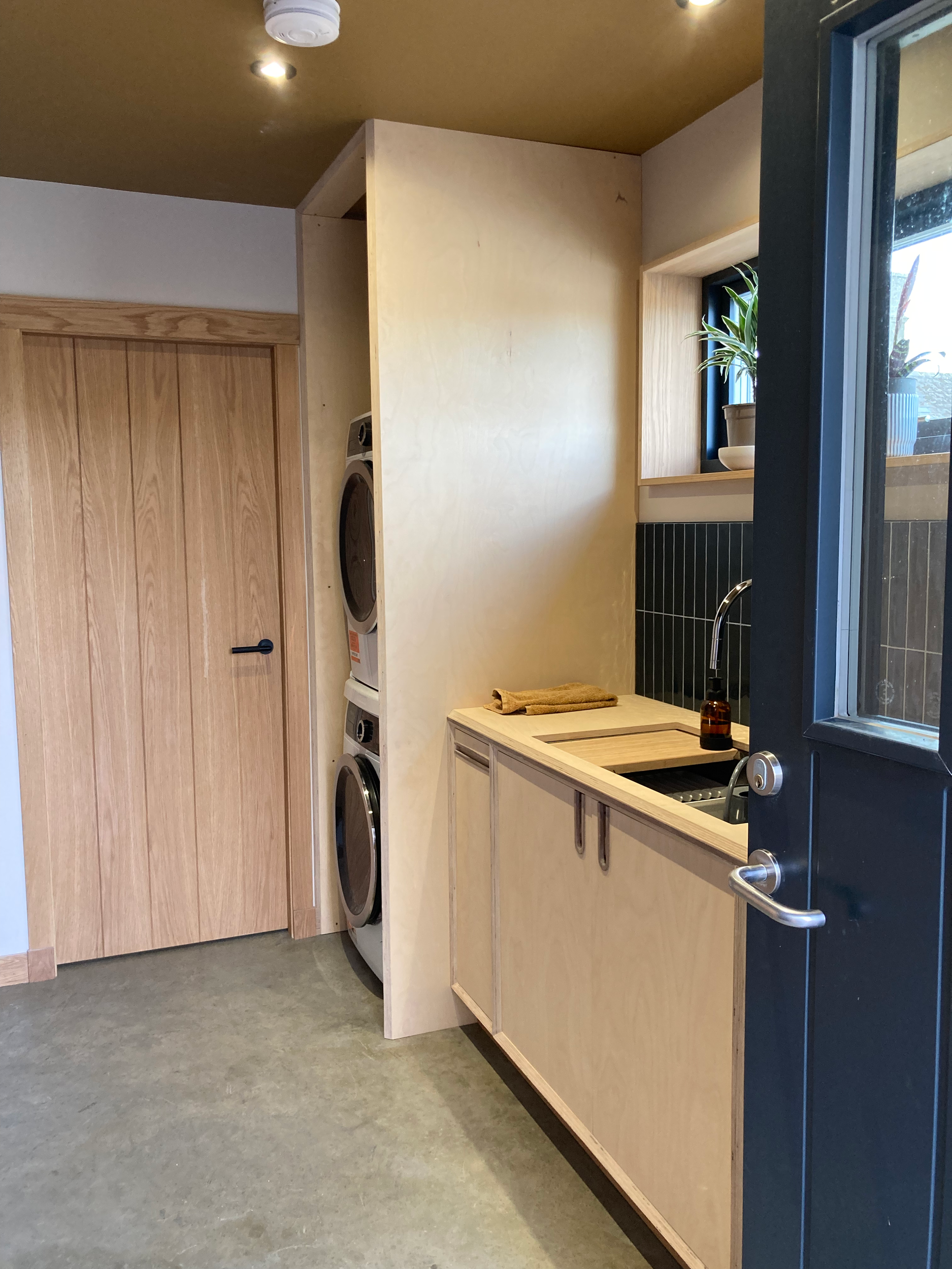 Laundry room with front-loading washing machine and dryer, wooden cabinet with sink, small window with plant, and wood door.