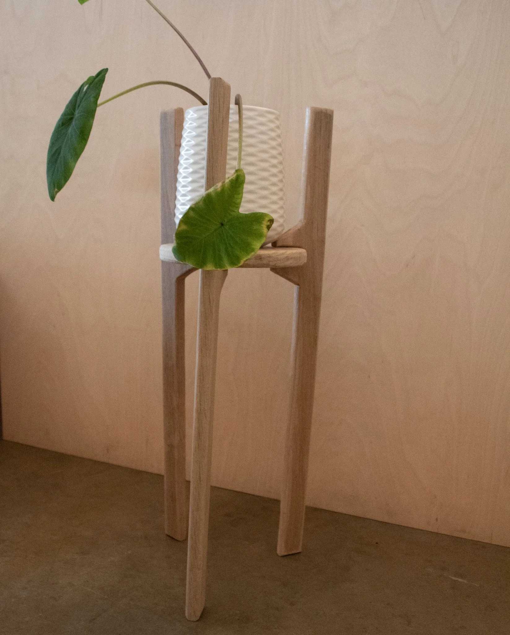 A minimalist wooden plant stand with three legs, holding a white textured ceramic vase and a green leafy plant, set against a plain wooden background.