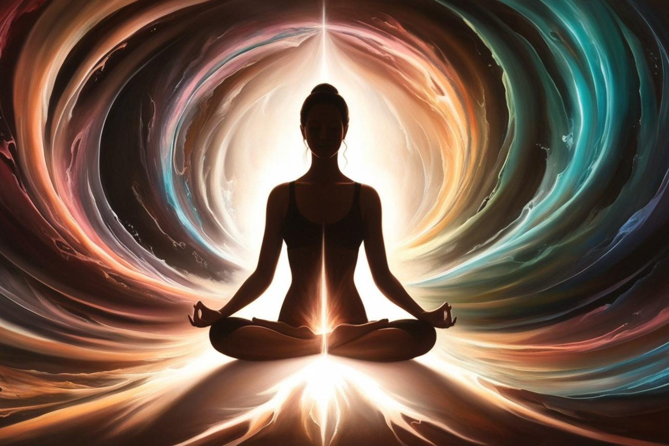 Silhouette of a woman practicing yoga in a seated meditation pose with a colorful, swirling background and a bright light behind her.