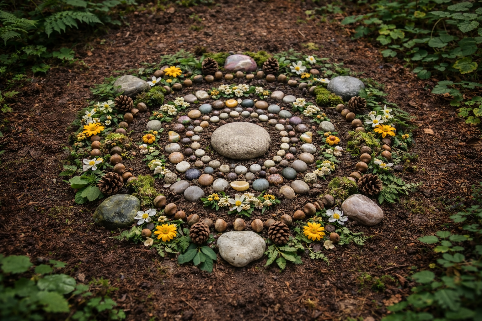 A spiral pattern made of various natural stones, pinecones, and flowers on soil, forming a decorative garden arrangement.