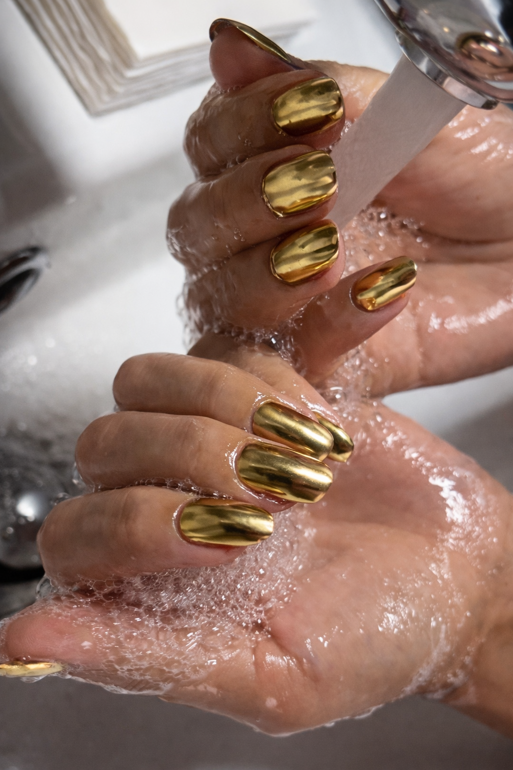 Person washing their hands with soap, showing golden metallic nail polish.