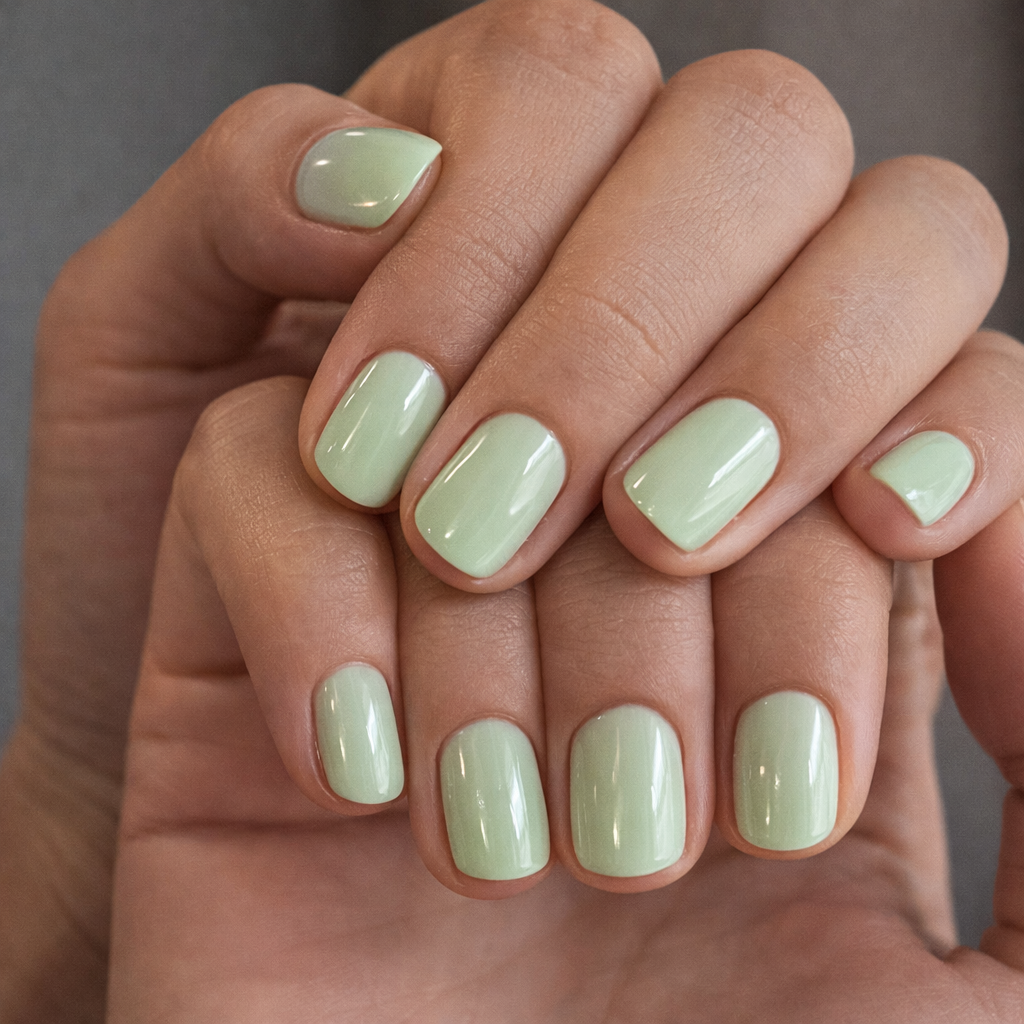 Close-up of a person's hands with light green painted nails.