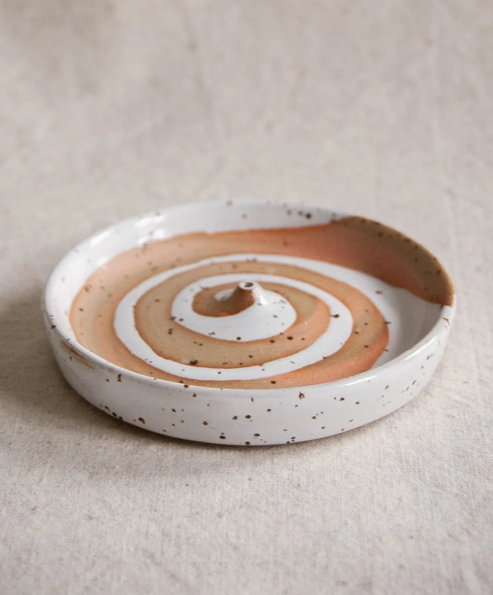 Incense holder, spotted / pink clay with white glaze