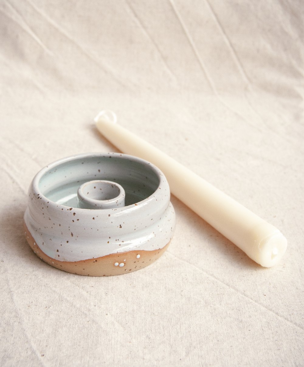 Spotted stoneware standard candle holder