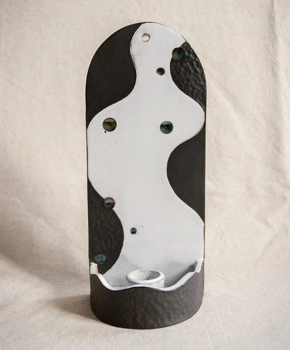 Black stoneware standard candle holder / wall sconce, white glaze