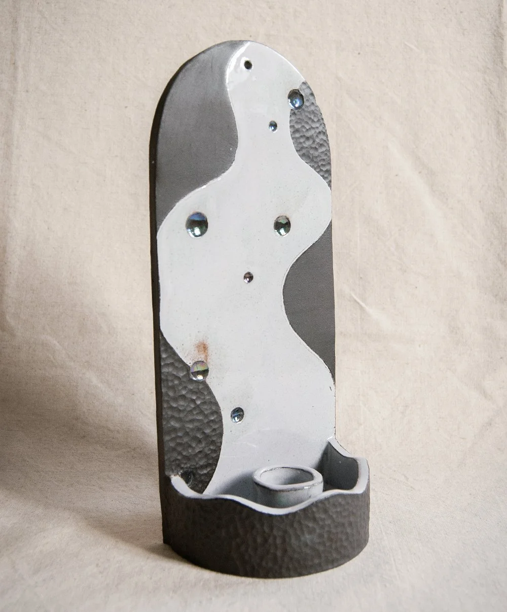 Black stoneware standard candle holder / wall sconce, turquoise glaze