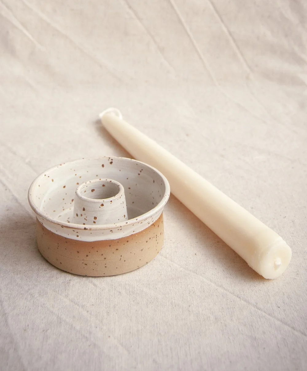 Spotted stoneware standard candle holder