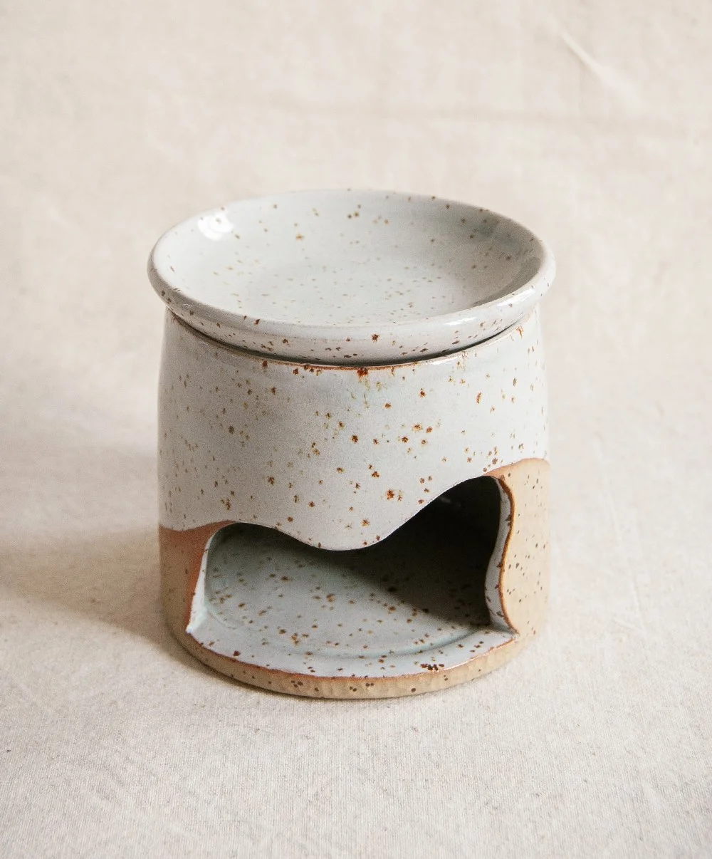 Oil burner, spotted clay with turquoise glaze