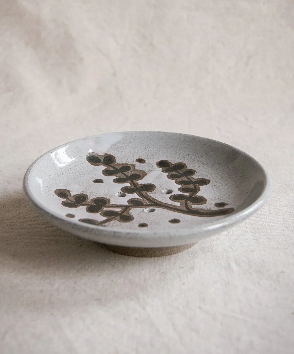 Illustrated soap dish, grey stoneware with turquoise glaze
