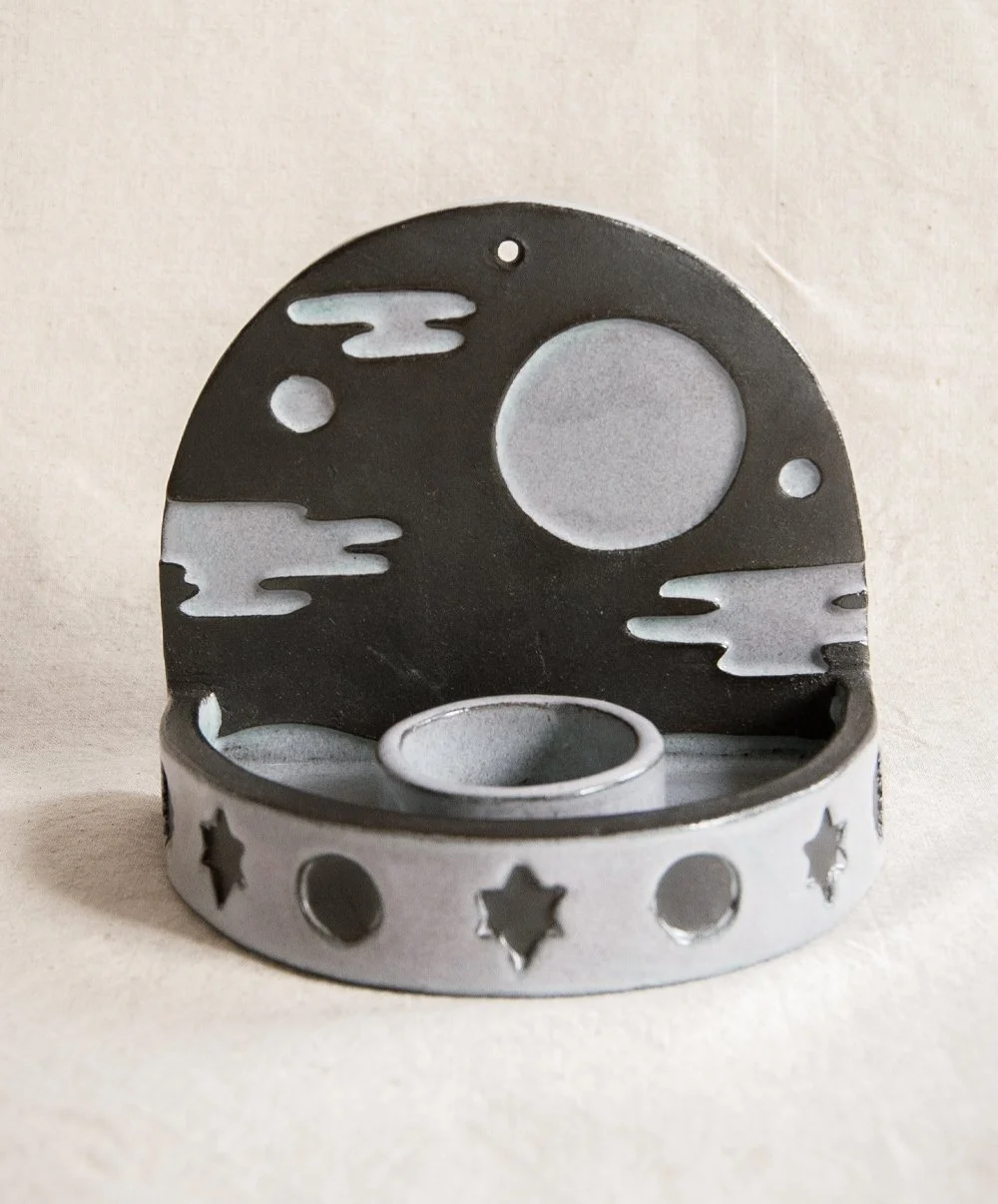 Black stoneware tealight candle holder / wall sconce