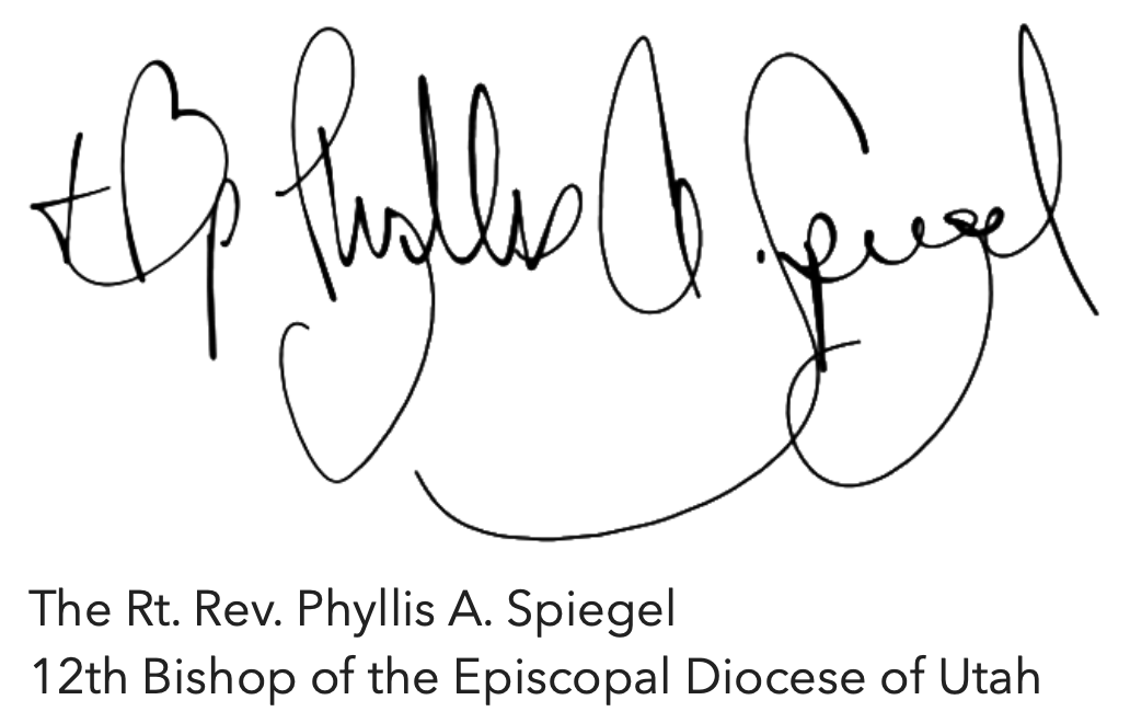 Signature of The Rt. Rev. Phyllis A. Spiegel, 12th Bishop of the Episcopal Diocese of Utah.