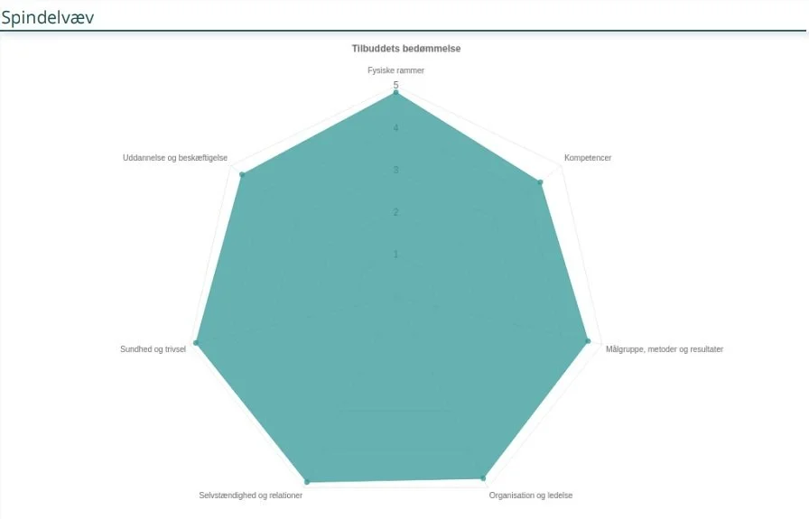 Illustration af et radar- eller spindelvævsdiagram med seks kategorier: Fysiske rammer, Kompetencer, Målgruppe, Organisation og ledelse, Selvstændighed og relationer, Sundhed og trivsel, Uddannelse og beskæftigelse. Diagrammet viser vurderinger i hver kategori.