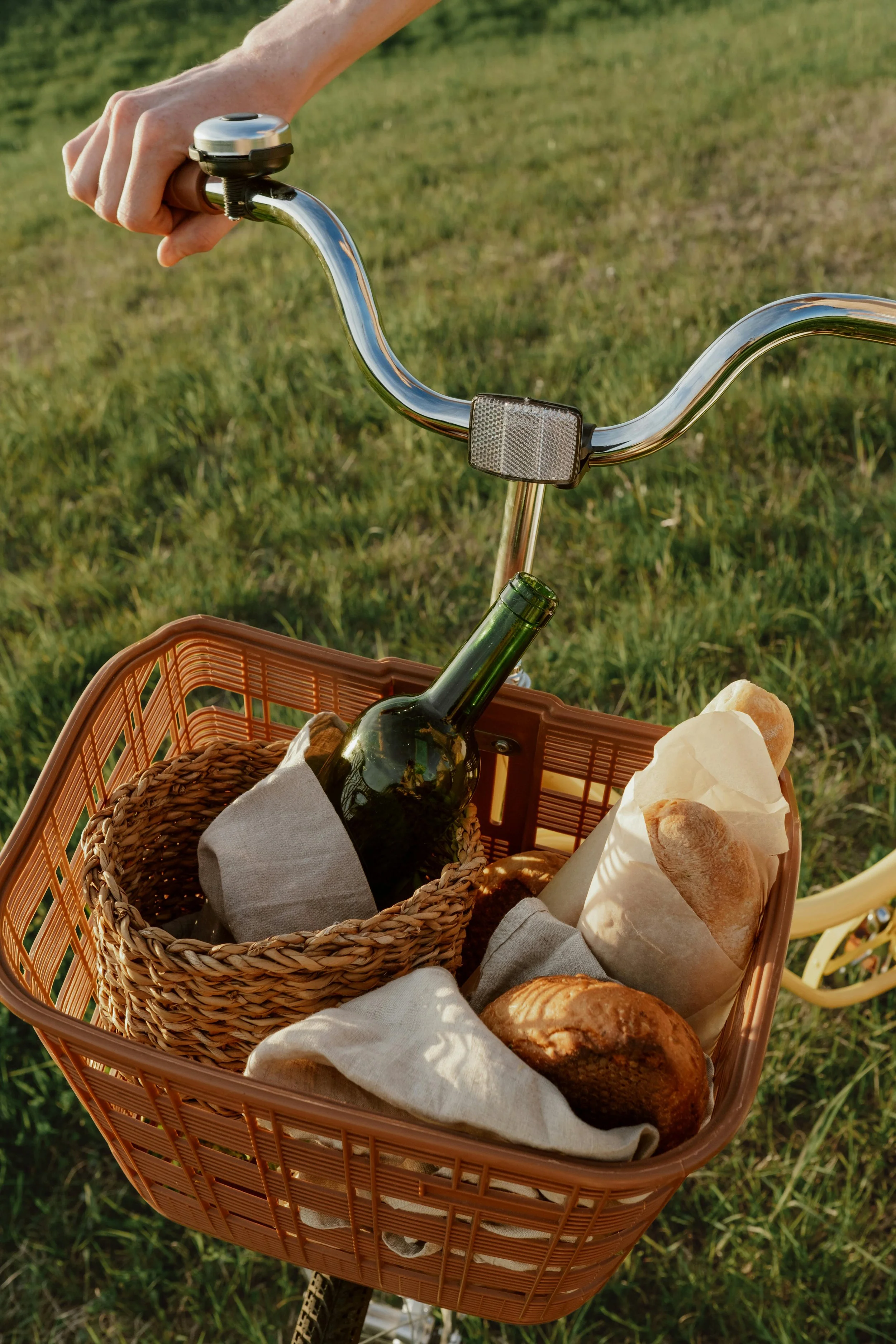 A picnic basket on a bicycle handlebar containing a wine bottle, bread, and other items, set outdoors on grass.