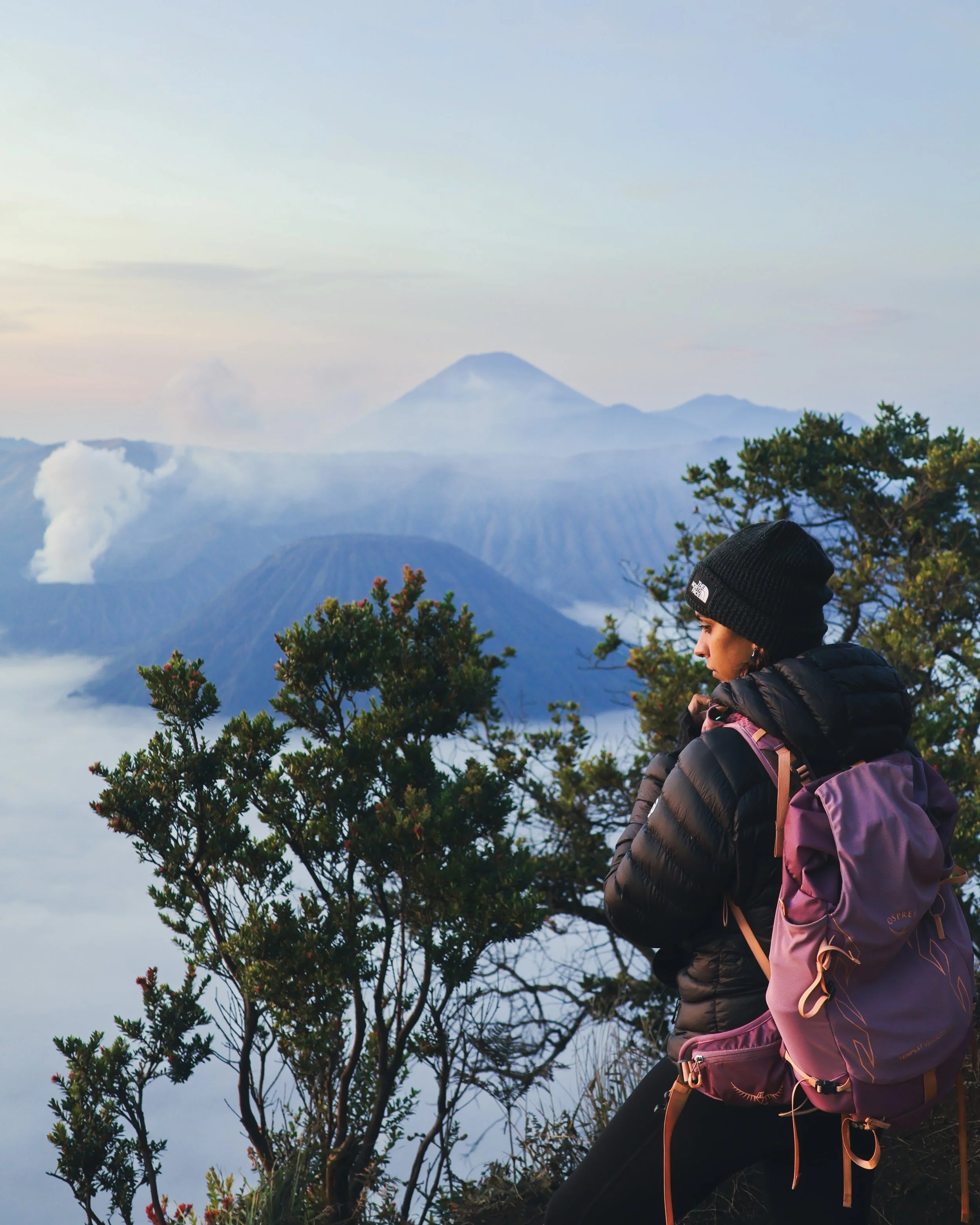 A woman with a pink backpack standing on a mountain trail, overlooking clouds and the volcanic valley of Mount Bromo, Indonesia.