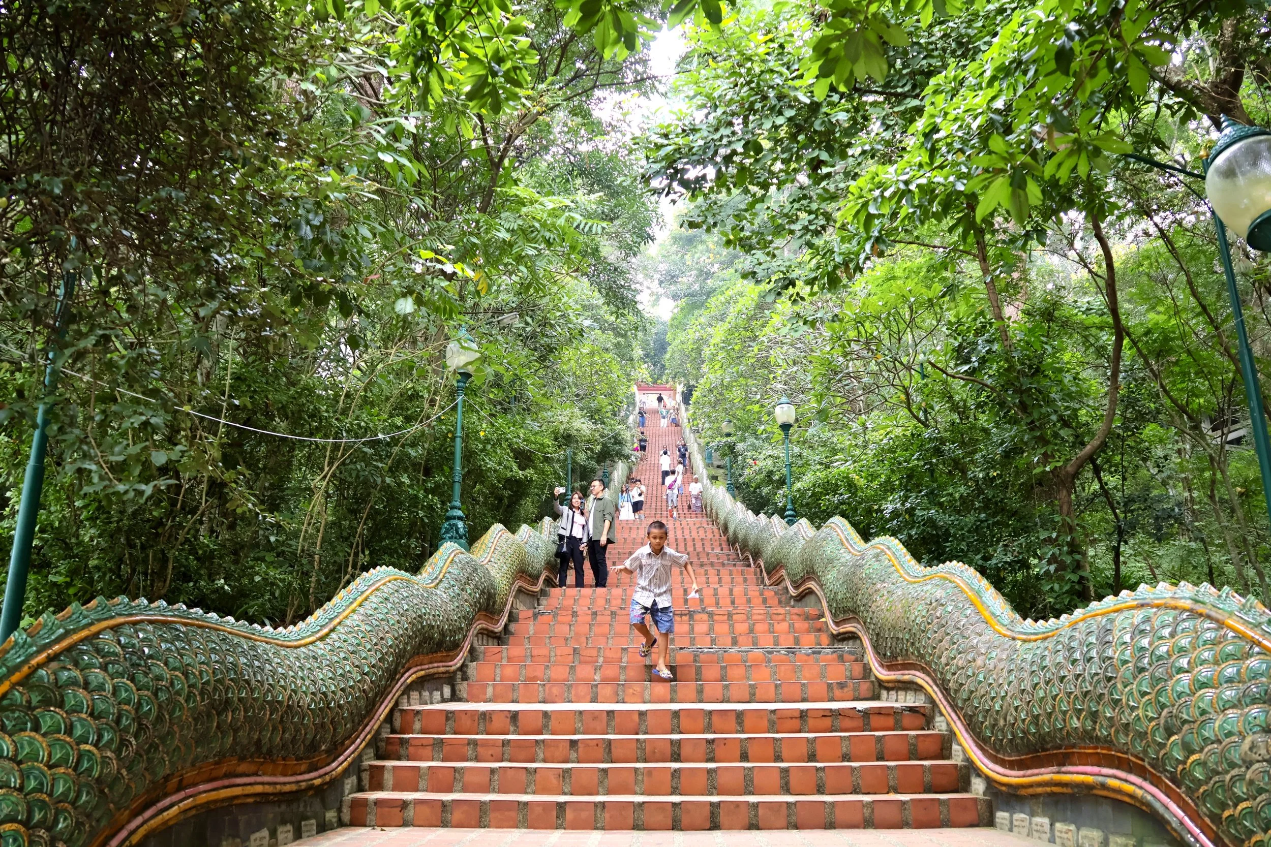 A long, steep outdoor staircase made of brick, flanked by ornate dragon-shaped handrails decorated with colorful scales, ascending through a lush green forest with trees and shrubs on both sides.