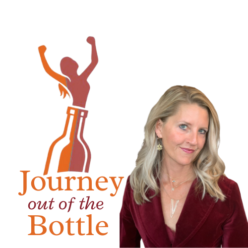 A woman with blonde hair wearing a burgundy blazer, standing in front of a logo with a stylized figure of a woman raising her arms and a red bar.