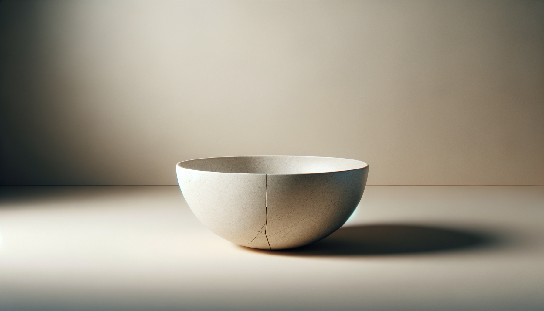 A cracked white ceramic bowl on a light-colored surface with a plain beige background.