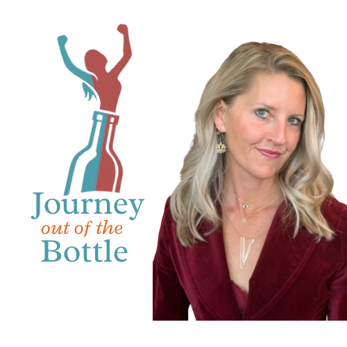A woman with blonde hair wearing a maroon blazer and jewelry poses next to a logo that shows a stylized figure of a woman with raised arms and a split design in red and teal, along with the text "Journey out of the Bottle."