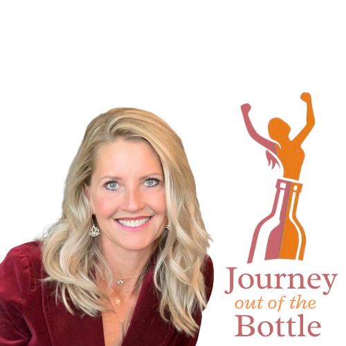 A smiling woman with blonde hair wearing a maroon jacket and jewelry, next to an animated figure with arms raised.