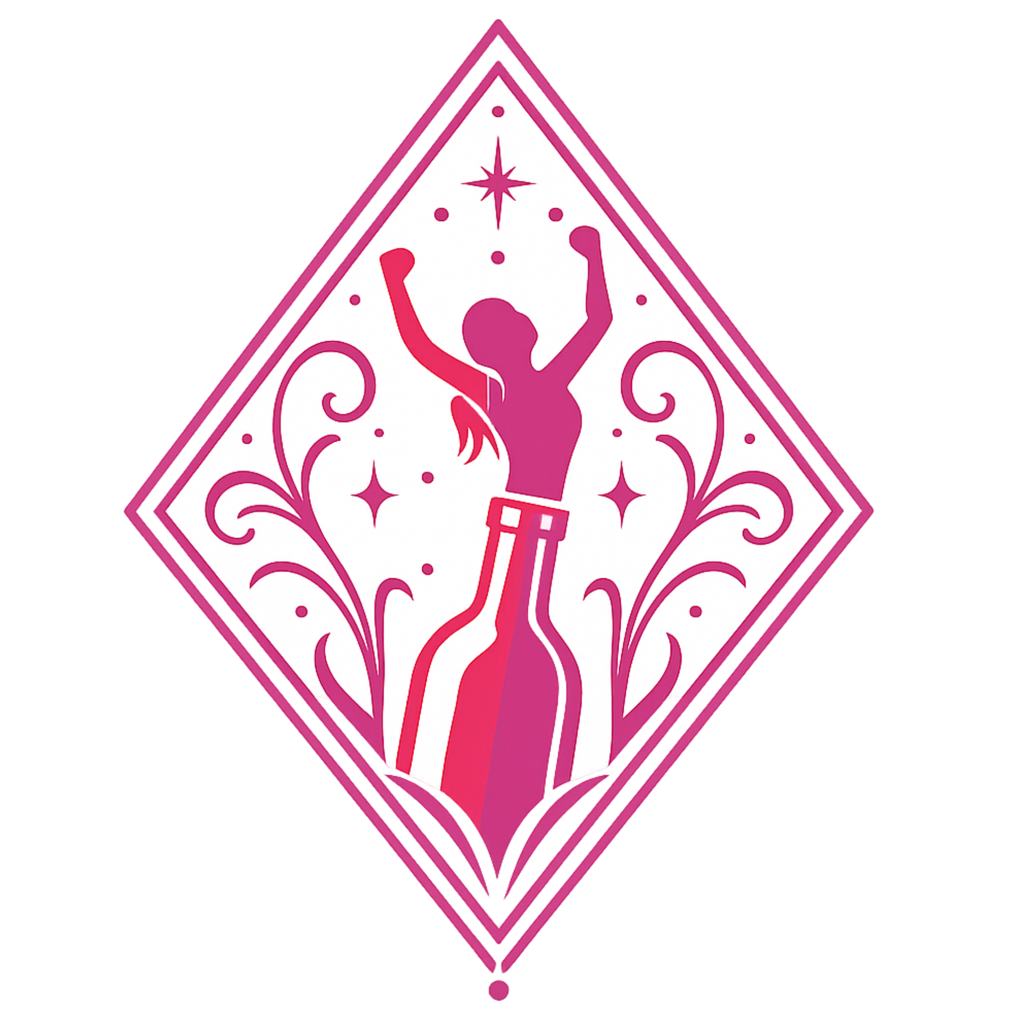 A warning sign featuring a silhouette of a dancer and decorative swirls, with a pink and purple color scheme.
