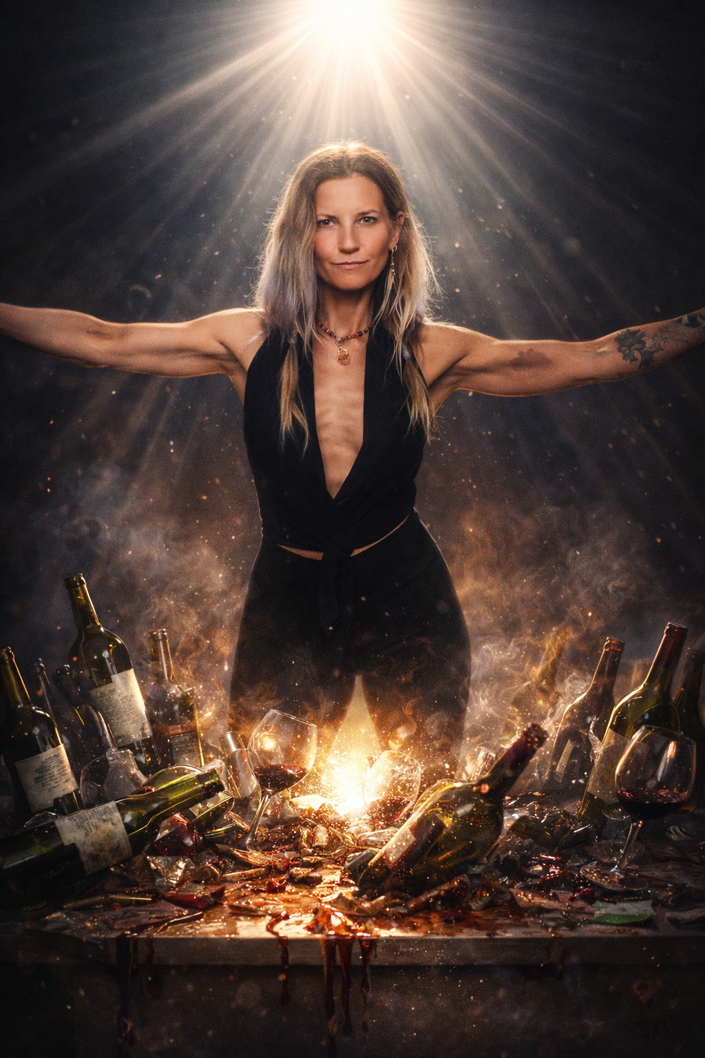 A woman with outstretched arms stands behind a table filled with broken wine bottles, spilled wine, and shattered glasses. She is illuminated from behind by a bright light, creating a dramatic effect.