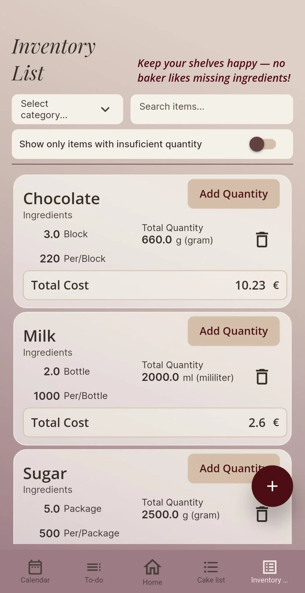 A digital bakery inventory list showing ingredients for making a chocolate cake, including chocolate, milk, and sugar, with options to add quantities and a total cost estimate.